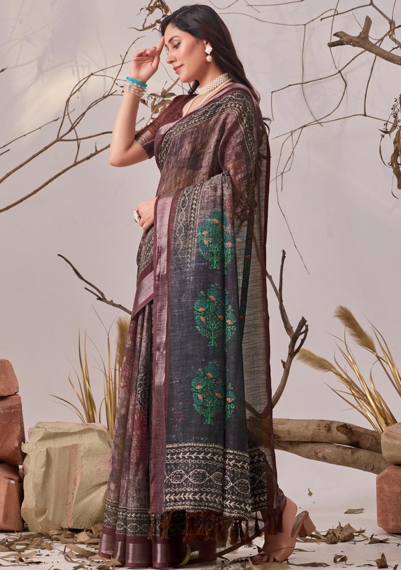 Brown Printed Linen Cotton Saree Set - Indya