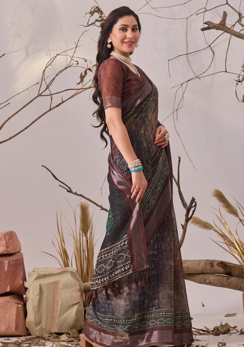 Brown Printed Linen Cotton Saree Set - Indya