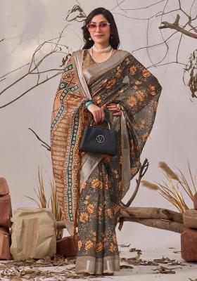 Multicolor Printed Linen Cotton Saree Set