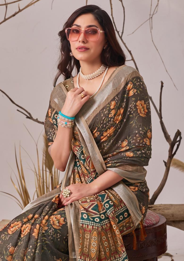 Multicolor Printed Linen Cotton Saree Set - Indya