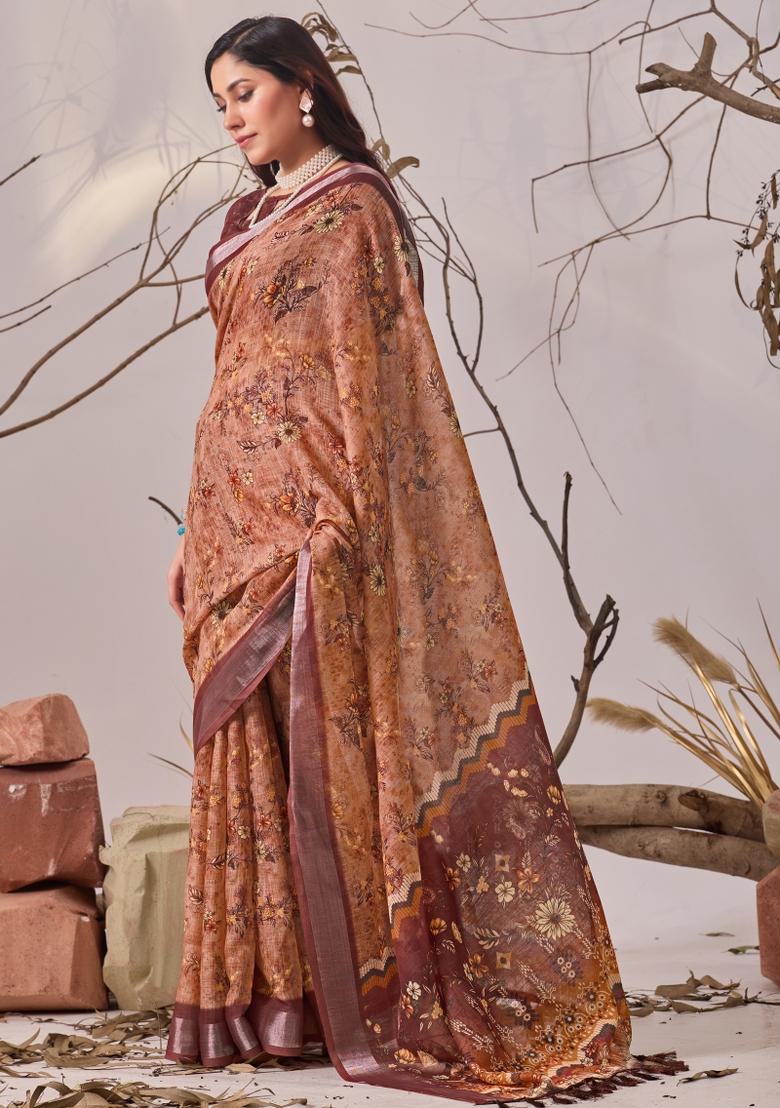 Multicolor Printed Linen Cotton Saree Set - Indya