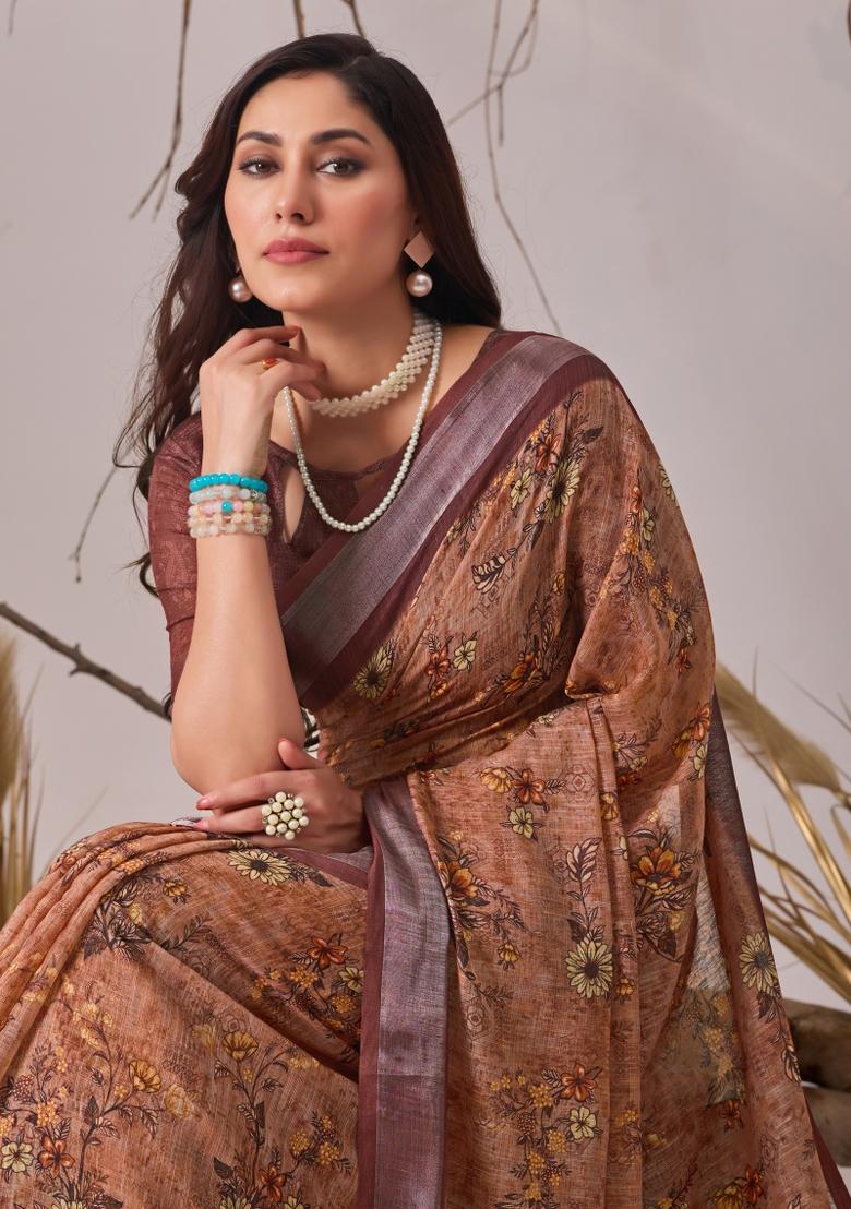 Multicolor Printed Linen Cotton Saree Set - Indya