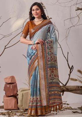 Sky Blue Printed Linen Cotton Saree Set