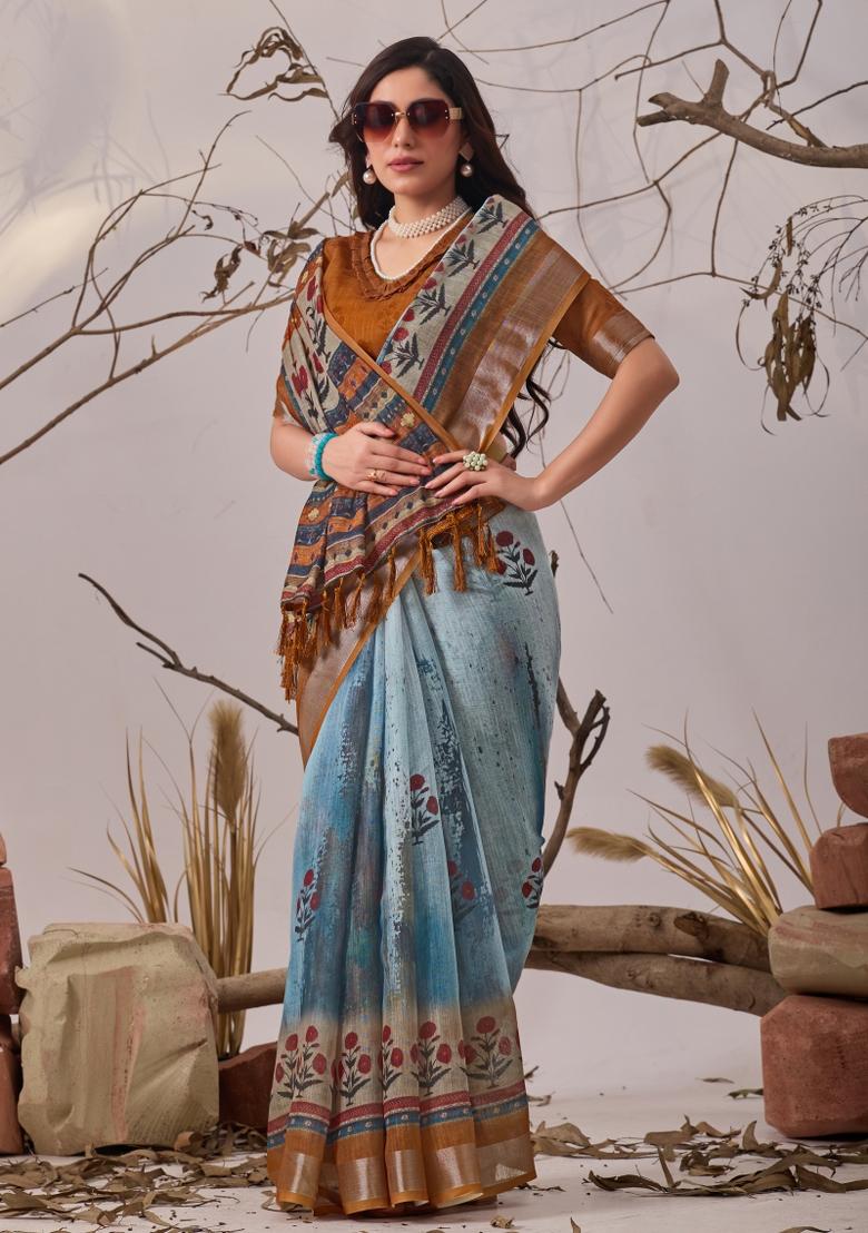 Sky Blue Printed Linen Cotton Saree Set - Indya