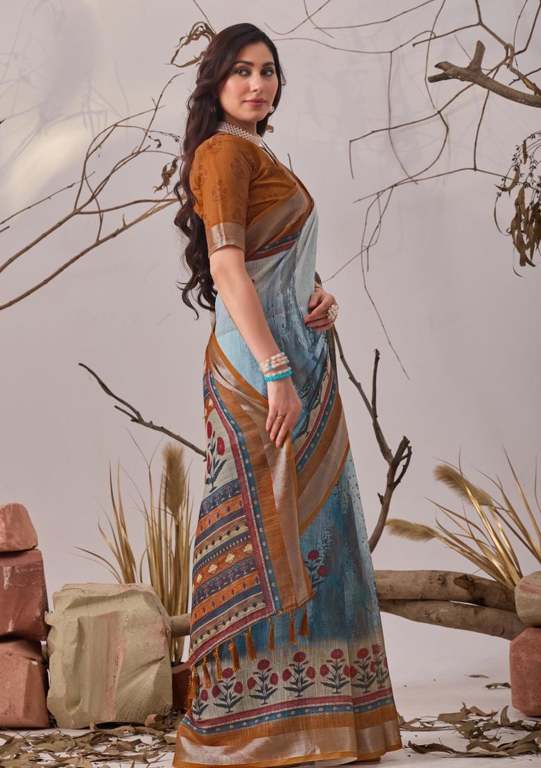 Sky Blue Printed Linen Cotton Saree Set - Indya
