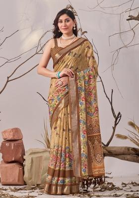 Beige Printed Linen Cotton Saree Set