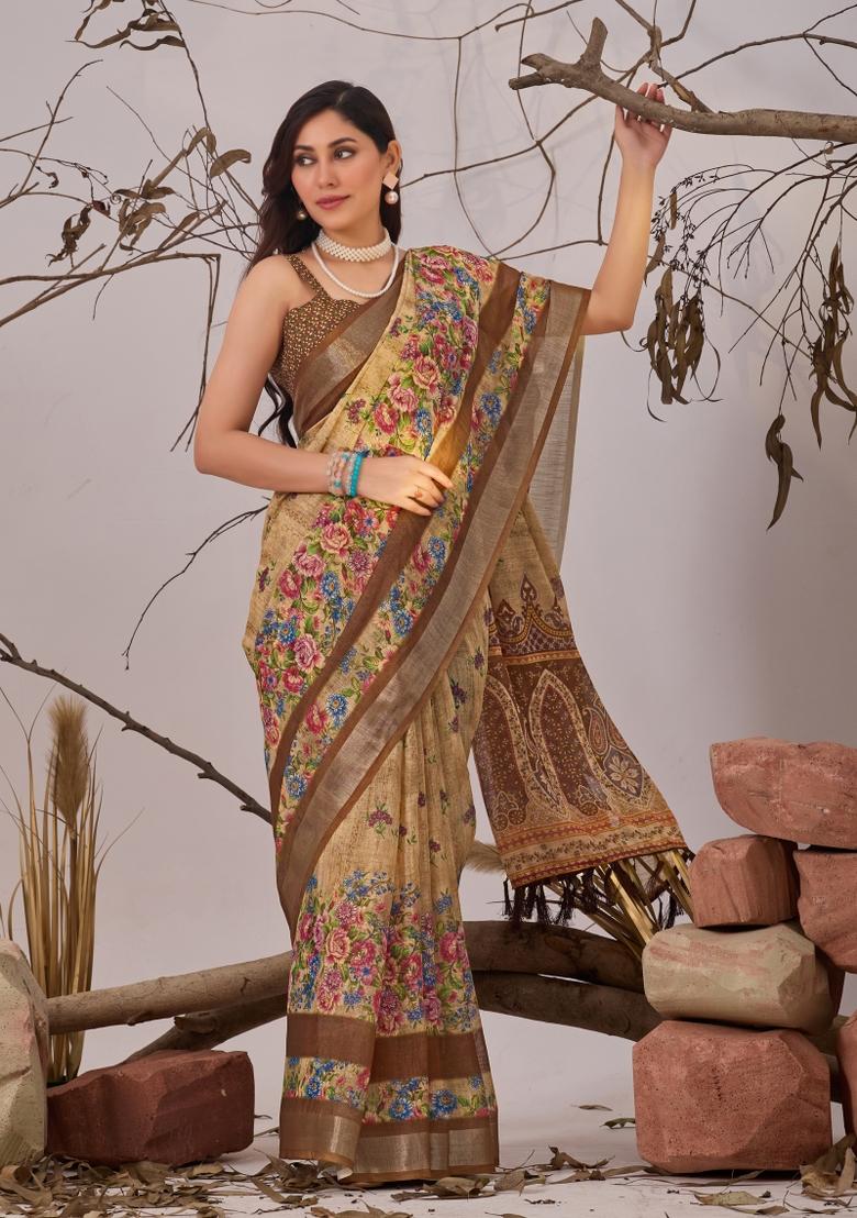 Beige Printed Linen Cotton Saree Set - Indya