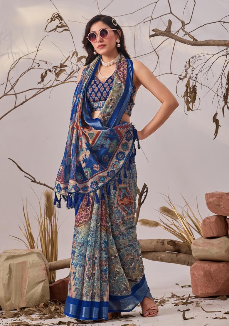 Multicolor Printed Linen Cotton Saree Set - Indya