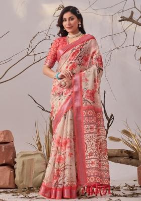 Multicolor Printed Linen Cotton Saree Set