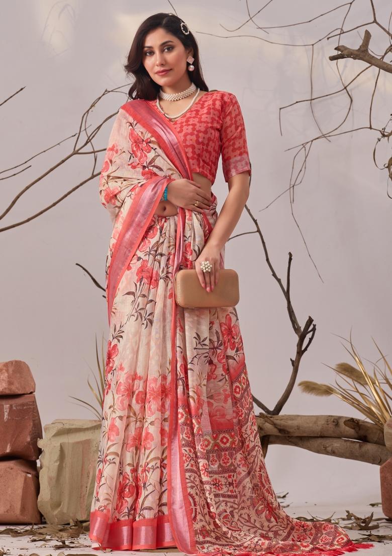 Multicolor Printed Linen Cotton Saree Set - Indya