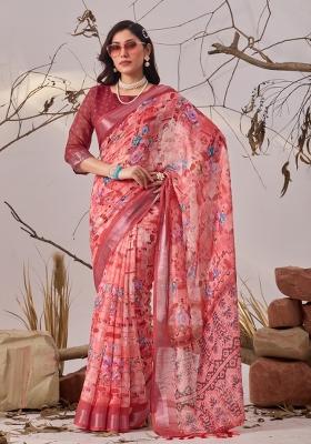 Multicolor Printed Linen Cotton Saree Set