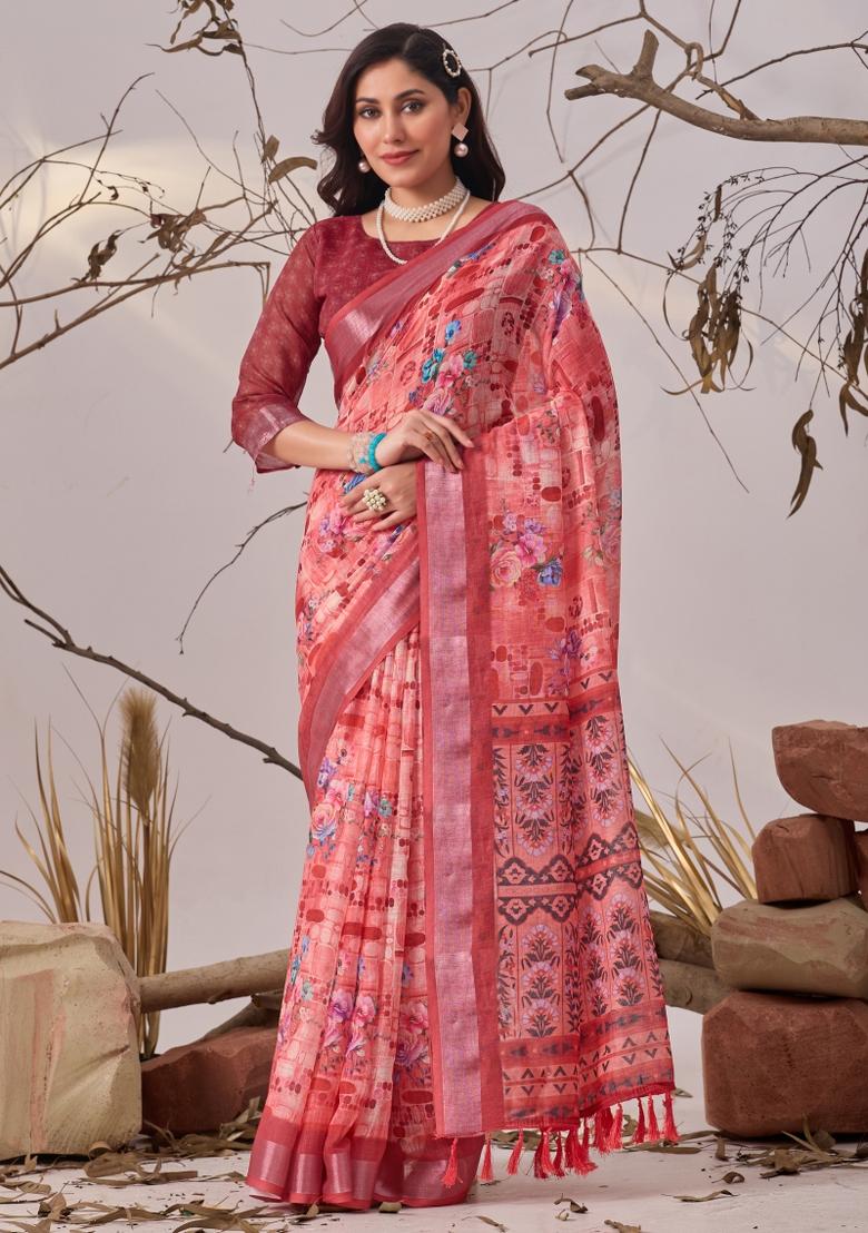 Multicolor Printed Linen Cotton Saree Set - Indya