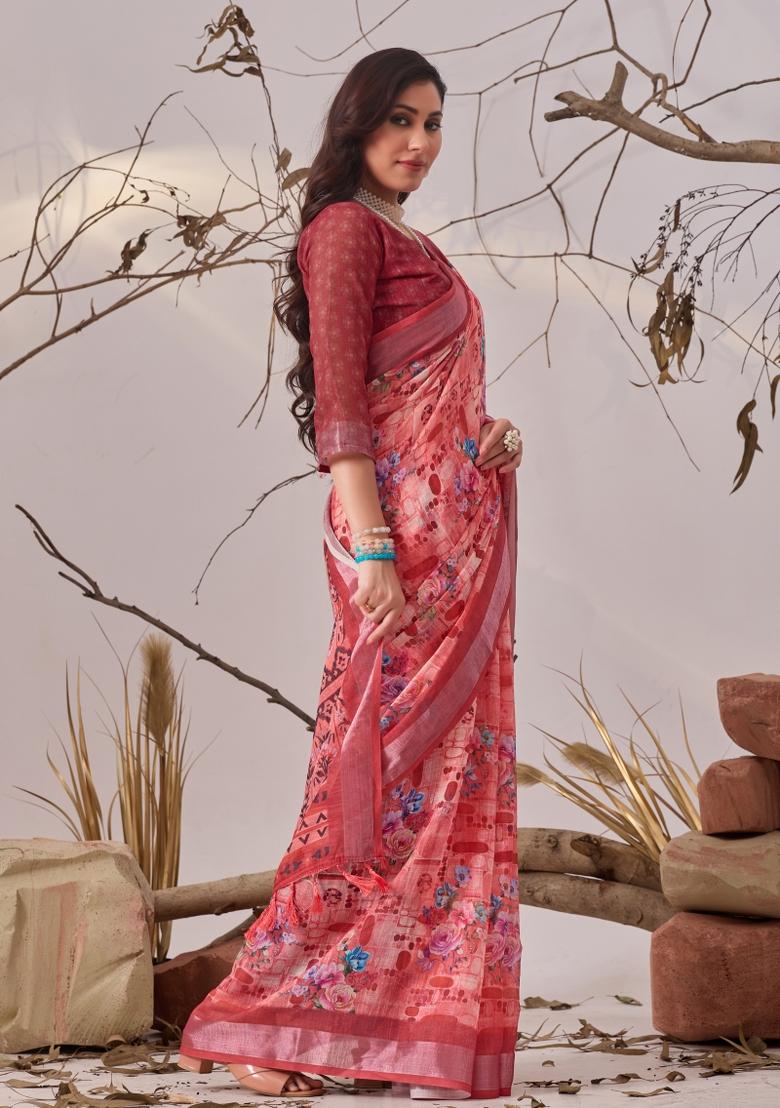 Multicolor Printed Linen Cotton Saree Set - Indya
