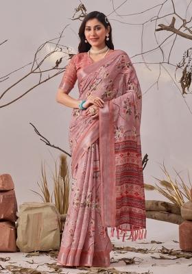 Light Pink Printed Linen Cotton Saree Set