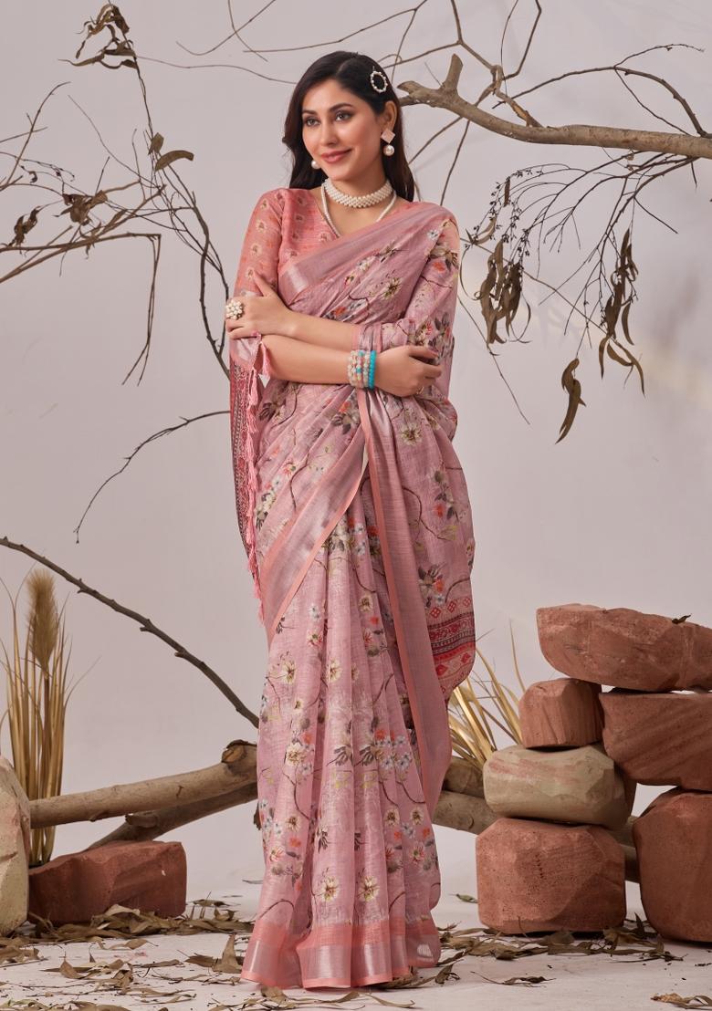 Light Pink Printed Linen Cotton Saree Set - Indya