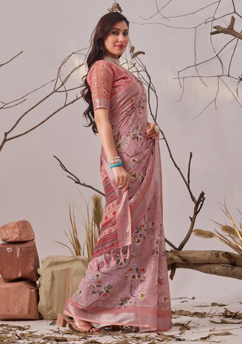 Light Pink Printed Linen Cotton Saree Set - Indya