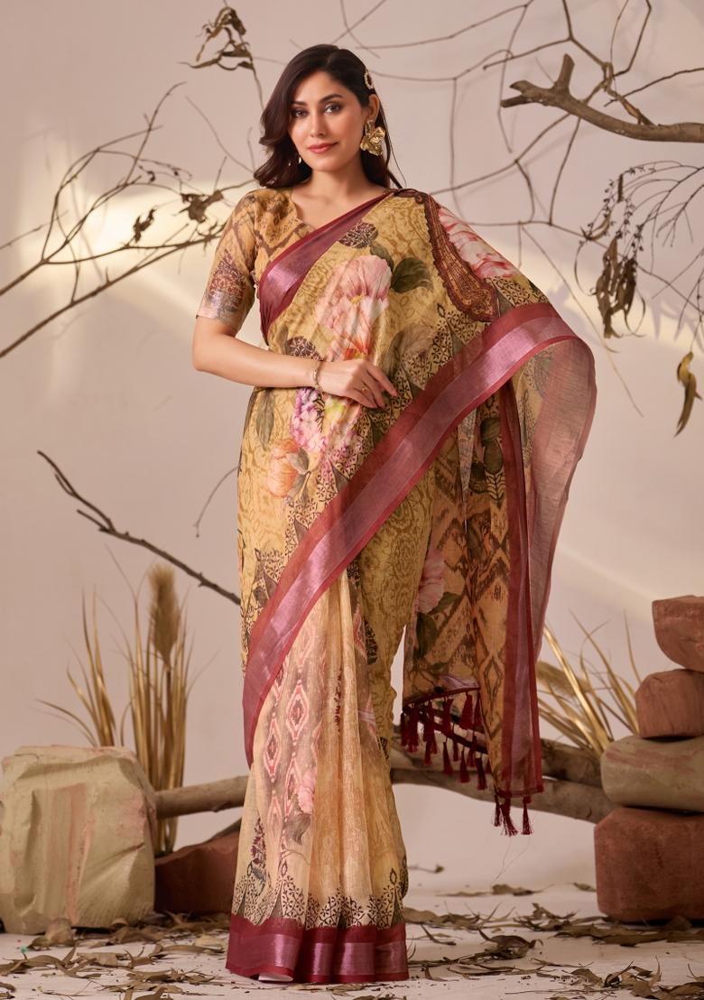Multicolor Printed Linen Cotton Saree Set - Indya