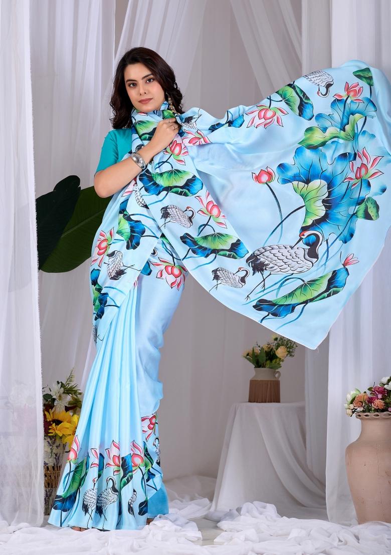 Sky Blue Printed Georgette Saree Set - Indya
