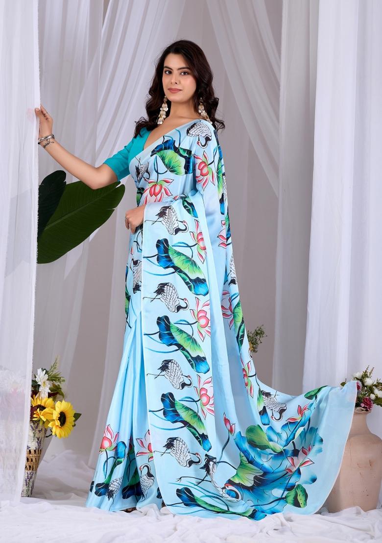 Sky Blue Printed Georgette Saree Set - Indya