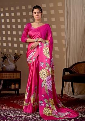 Rani Pink Printed Georgette Saree Set