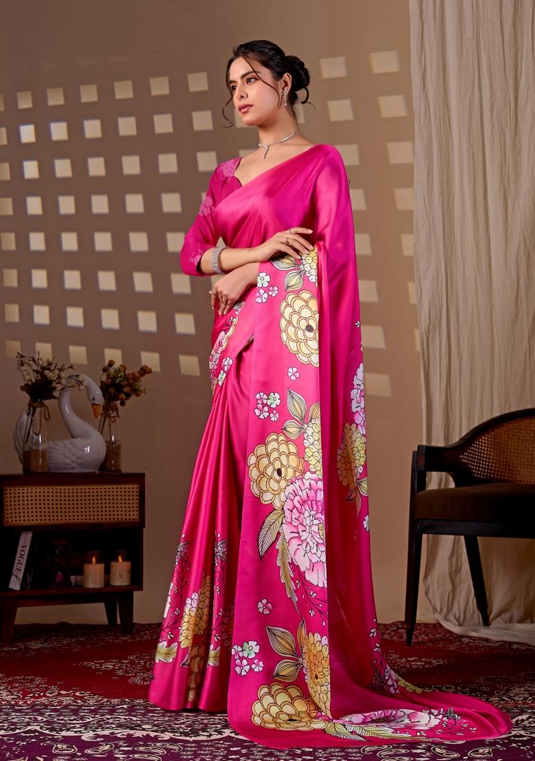 Rani Pink Printed Georgette Saree Set - Indya