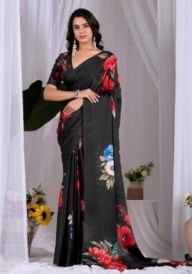 Black Printed Georgette Saree Set