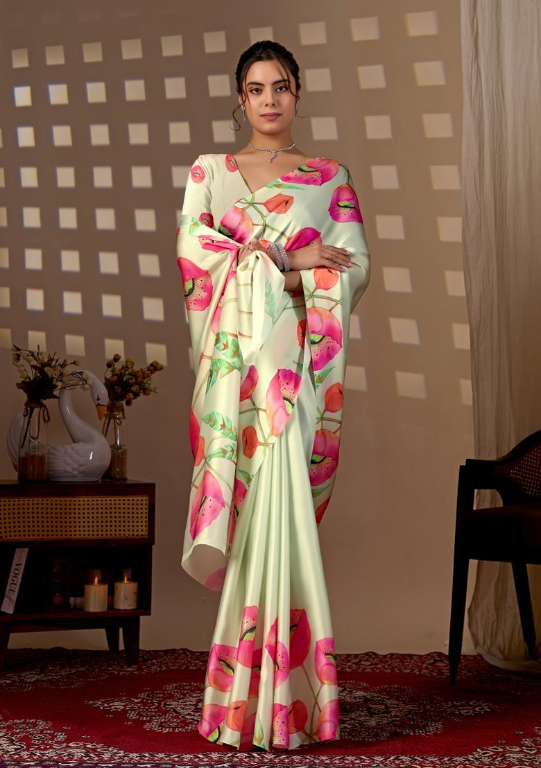 Pista Green Printed Georgette Saree Set - Indya
