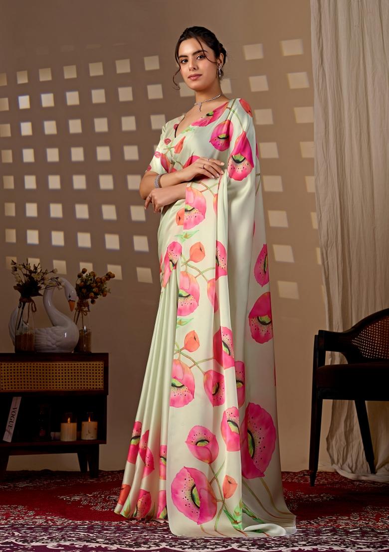 Pista Green Printed Georgette Saree Set - Indya
