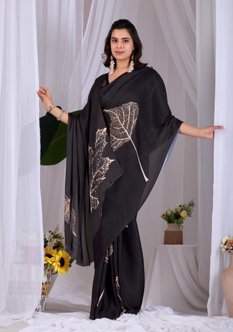 Black Printed Georgette Saree Set - Indya