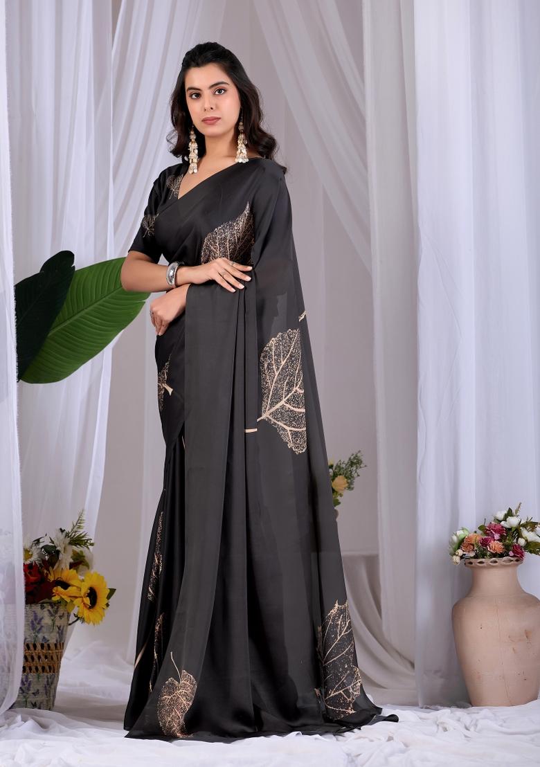 Black Printed Georgette Saree Set - Indya