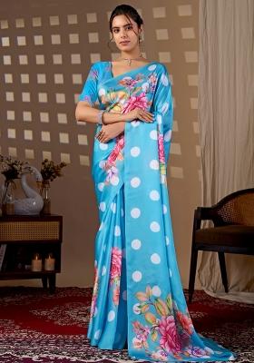 Blue Printed Georgette Saree Set