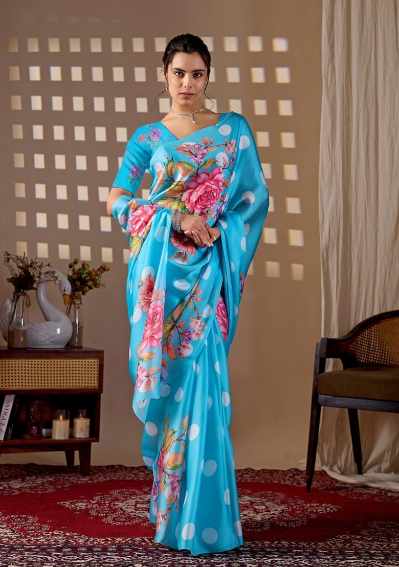 Blue Printed Georgette Saree Set - Indya