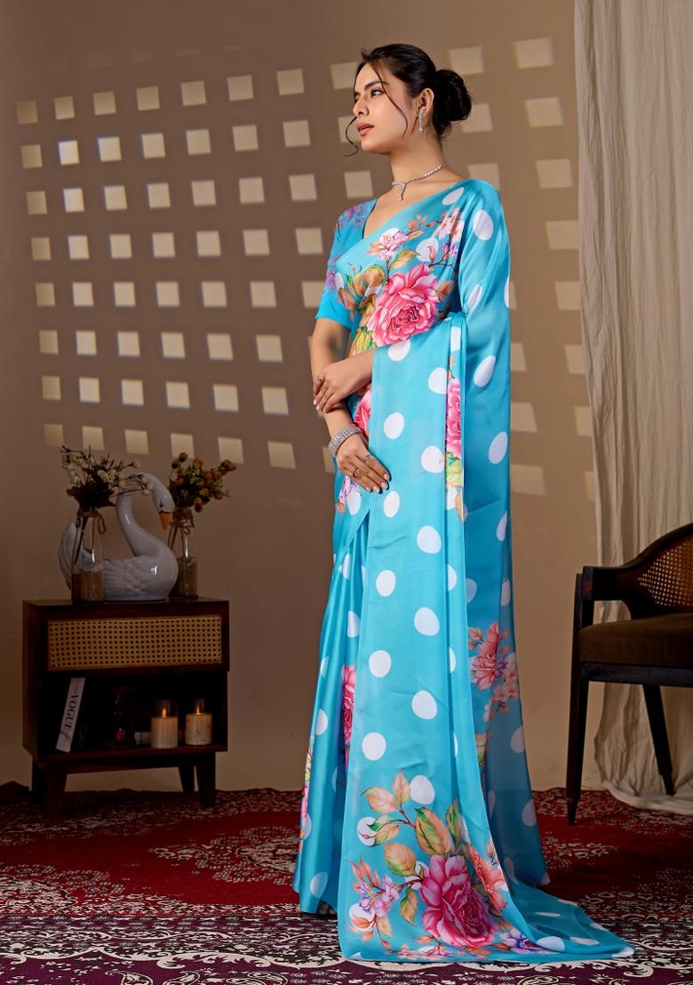 Blue Printed Georgette Saree Set - Indya