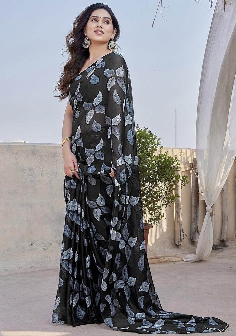 Black Printed Chiffon Saree Set - Indya