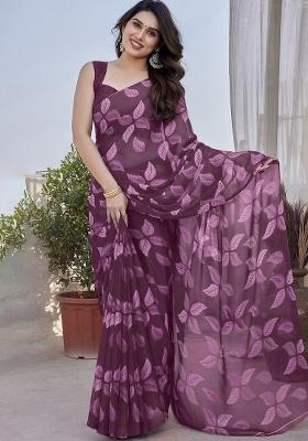 Purple Printed Chiffon Saree Set