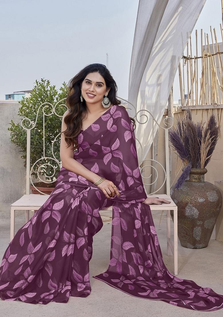 Purple Printed Chiffon Saree Set - Indya