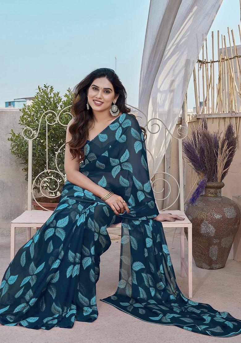 Rama Green Printed Chiffon Saree Set - Indya