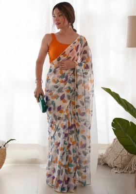 Orange Printed Chiffon Saree Set