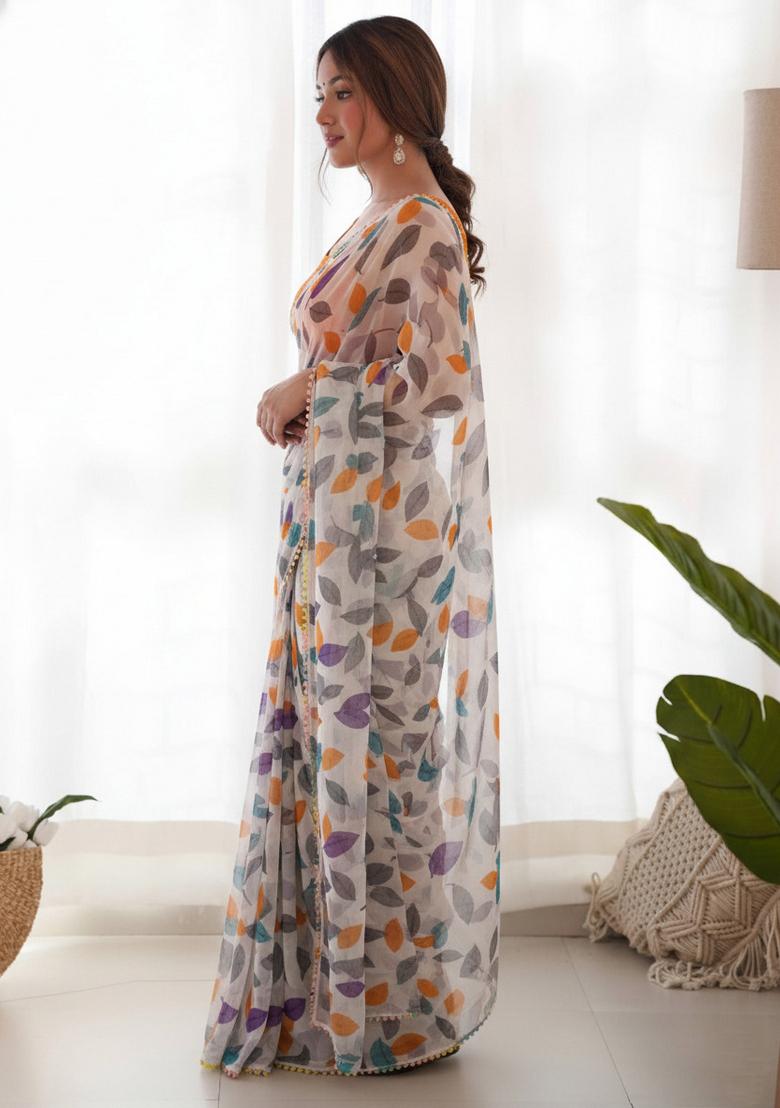 Orange Printed Chiffon Saree Set - Indya
