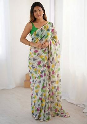 Green Printed Chiffon Saree Set