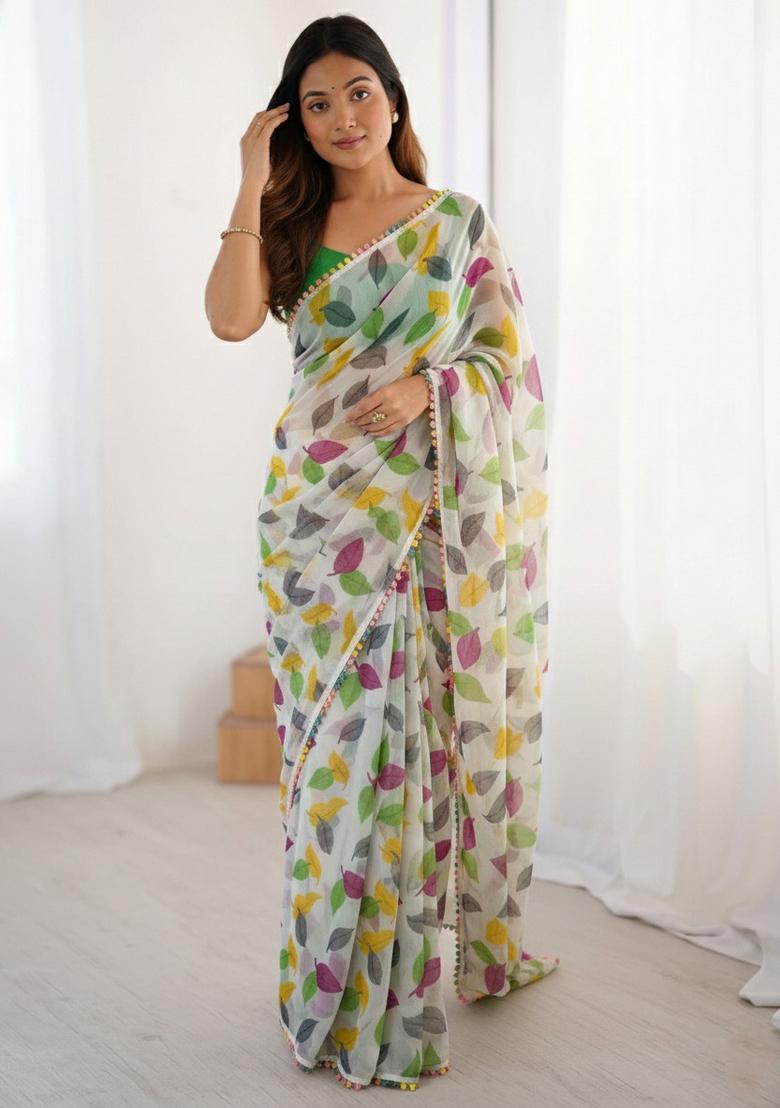 Green Printed Chiffon Saree Set - Indya