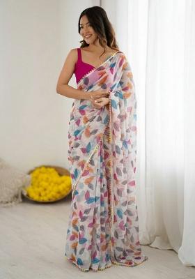 Pink Printed Chiffon Saree Set