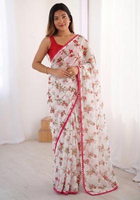 Pink Printed Chiffon Saree Set