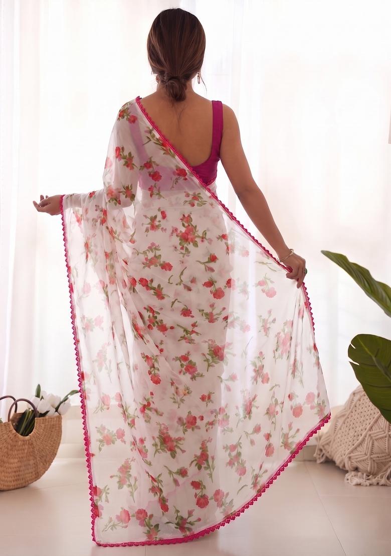 Pink Printed Chiffon Saree Set - Indya