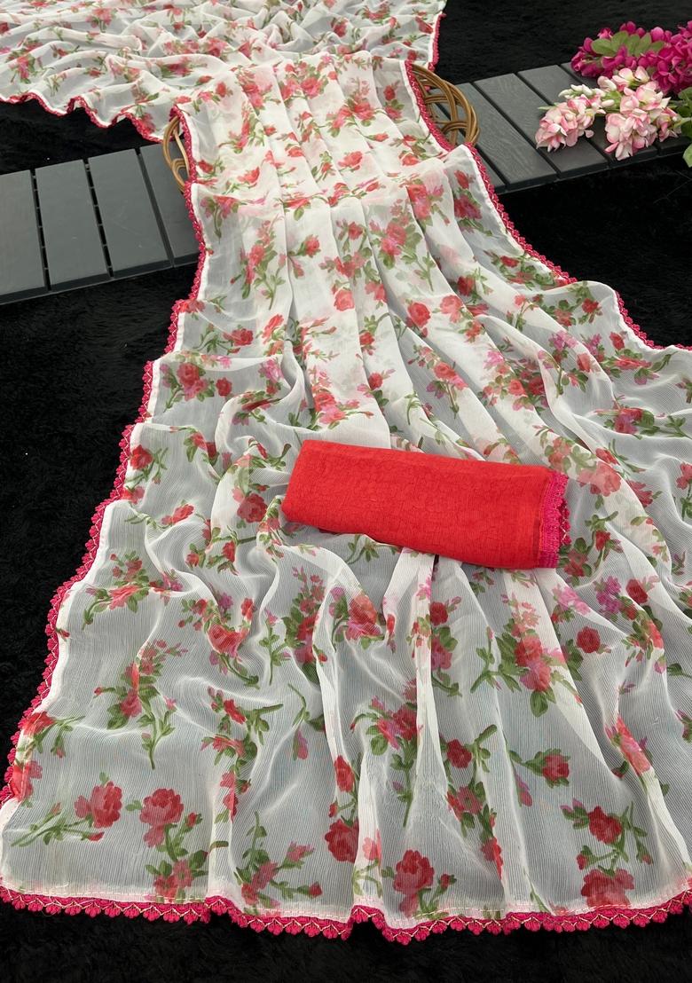 Pink Printed Chiffon Saree Set - Indya