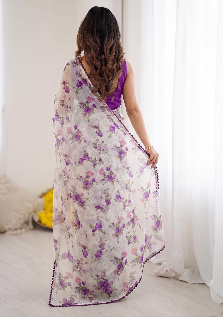 Purple Printed Chiffon Saree Set - Indya