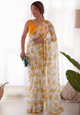 Yellow Printed Chiffon Saree Set