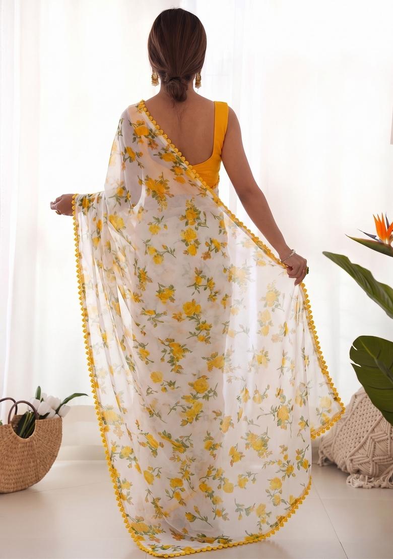 Yellow Printed Chiffon Saree Set - Indya