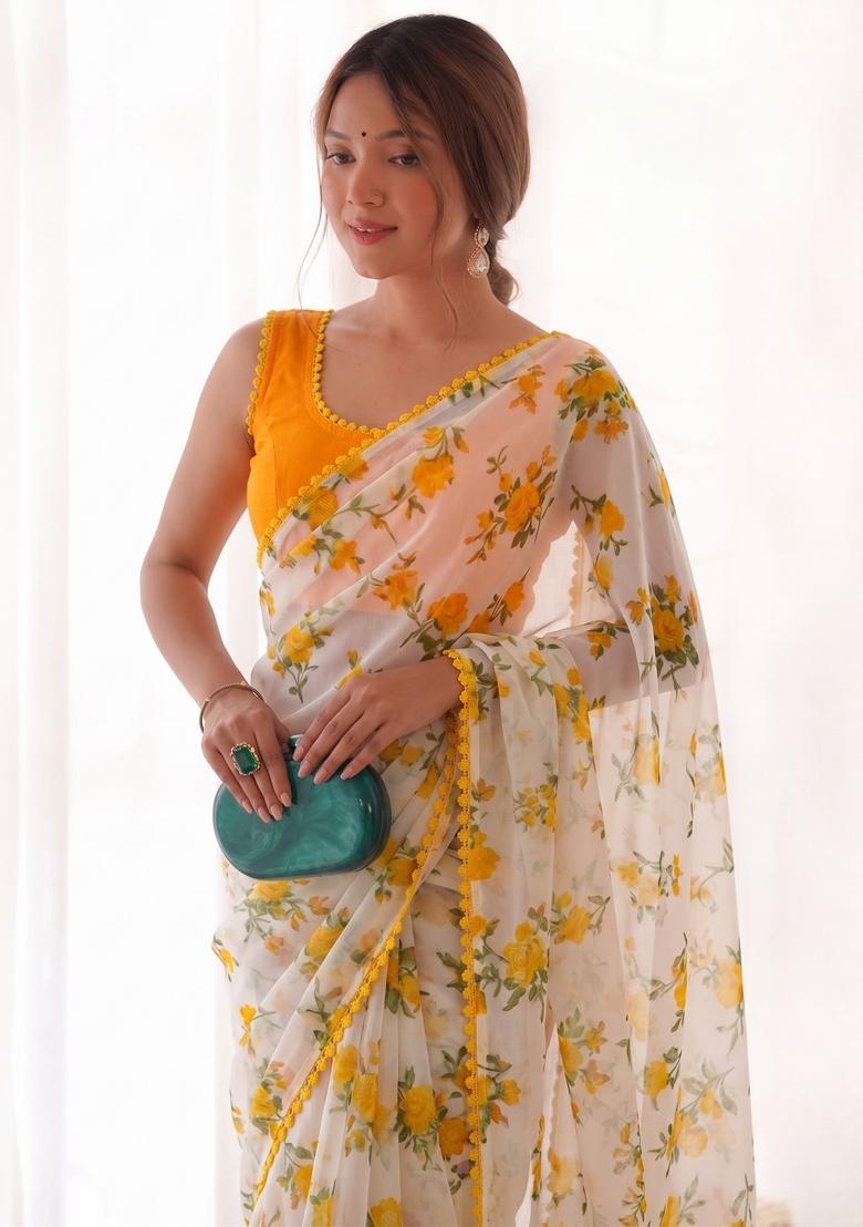 Yellow Printed Chiffon Saree Set - Indya