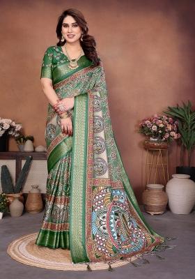 Green Printed Silk Blend Saree Set